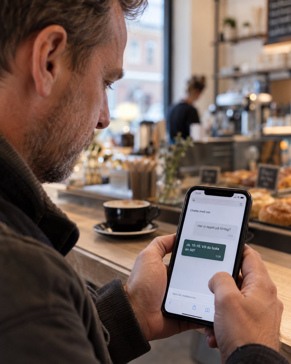 Kund chattar med en AI-chattbot i mobilen och får svar direkt