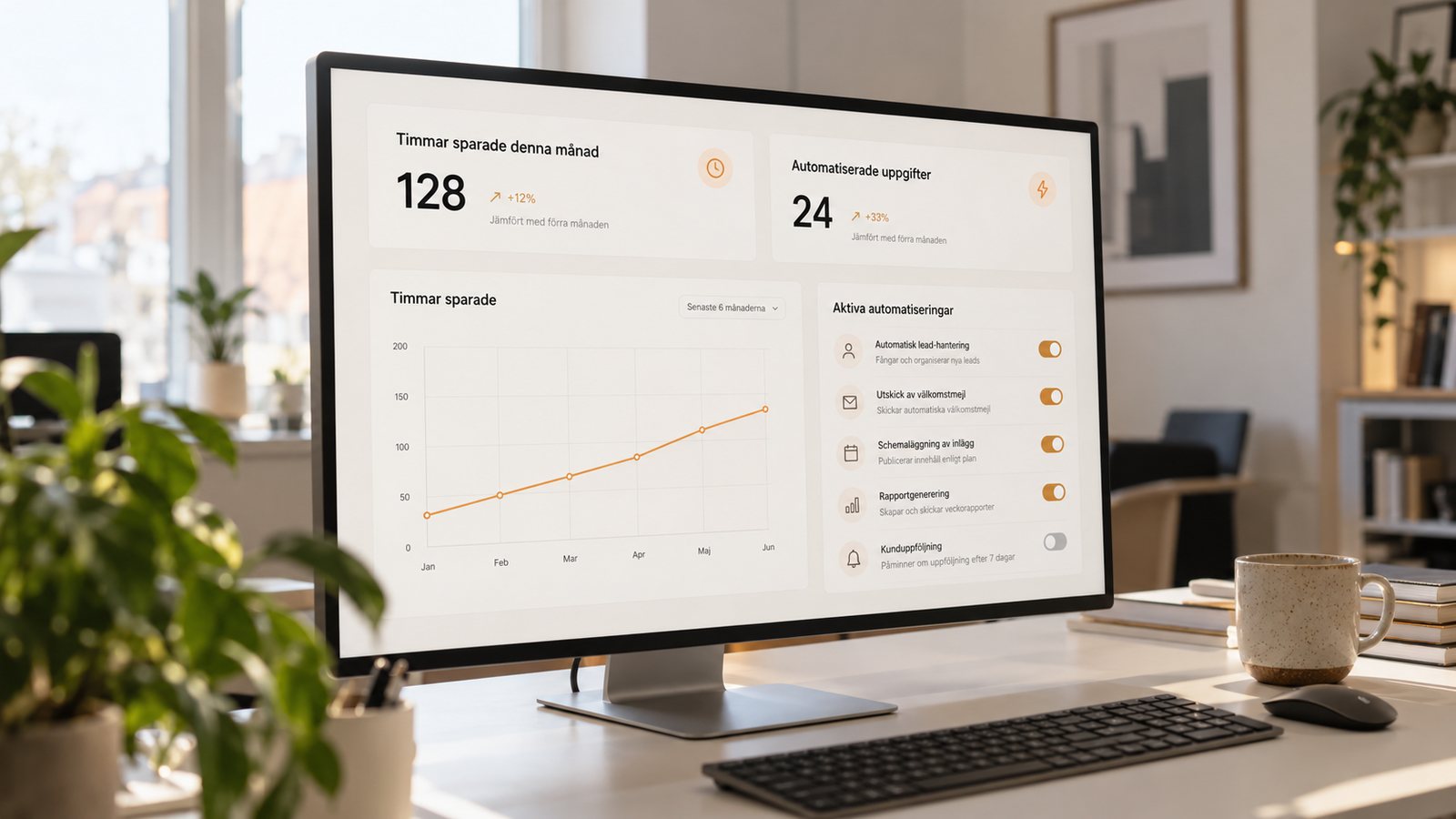 Dashboard som visar timmar sparade och aktiva automatiseringar